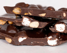 Load image into Gallery viewer, close-up shot of our famous dark chocolate rocky road bark