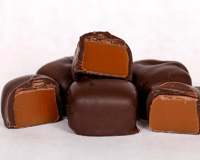 close-up shot of our famous dark chocolate covered caramels