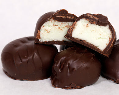 close-up shot of our famous dark chocolate peppermint creams