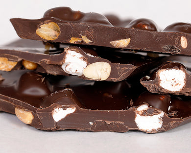 close-up shot of our famous dark chocolate rocky road bark