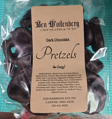 A close-up shot of a package of our famous dark chocolate pretzels