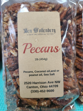 A close-up shot of a bag of our famous pecans, roasted fresh daily.