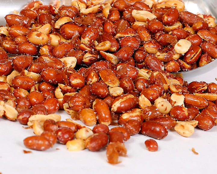 A close-up shot of the redskin peanuts used in Ben's peanut mix