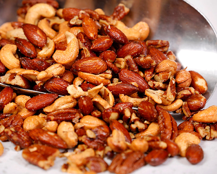 A close-up shot of Ben's special mixed nuts, roasted fresh every day