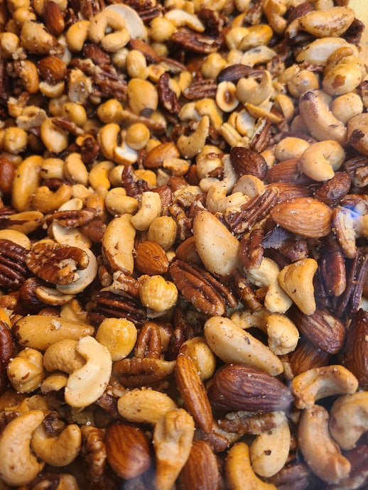 A close-up shot of our famous mixed nut assortment, roasted fresh daily.