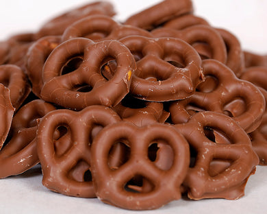 A close-up shot of our milk chocolate covered pretzels